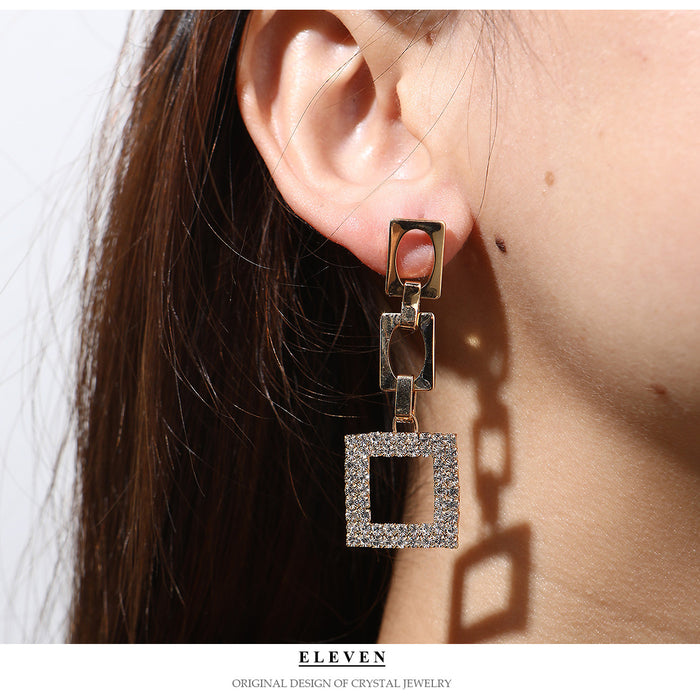 Korean Geometric Rhinestone Earrings - Long Square Drop Earrings for Women