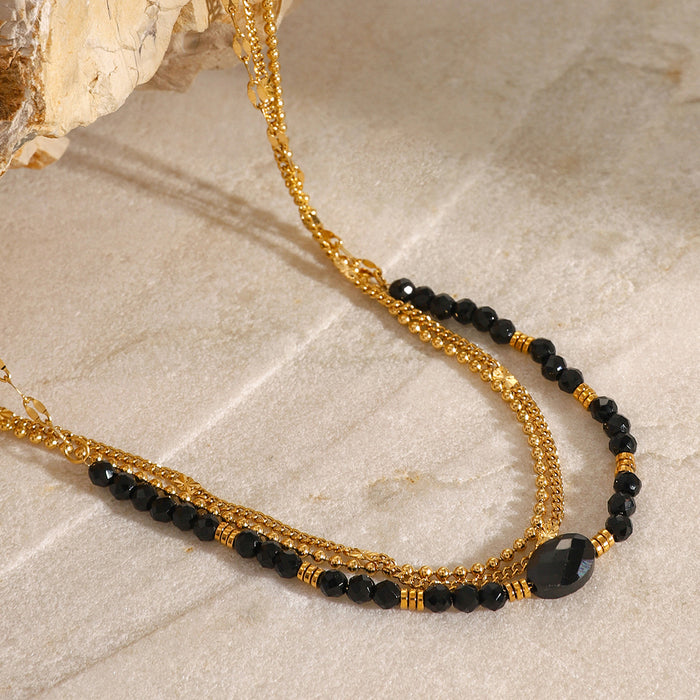 Black crystal natural stone multi-layer necklace, European and American stainless steel light luxury design