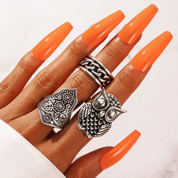 Vintage owl ring three-piece geometric chain totem combination