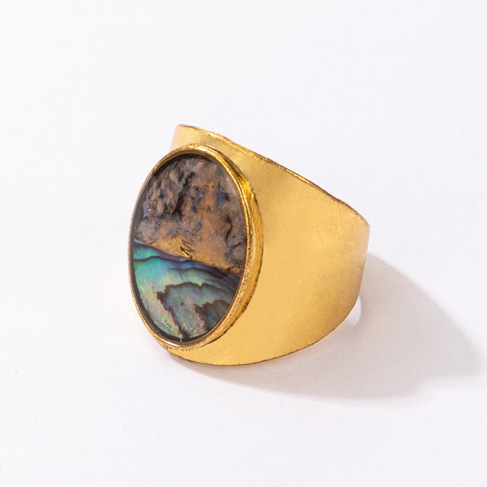 Ethnic alloy oval inlaid ring, irregular colorful shell pattern