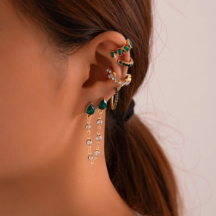 Green Diamond Five-Pointed Star Stacking Earrings C-Shaped Earring Set