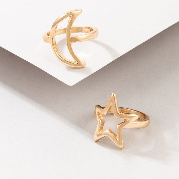 Star and Moon Hollow Geometric Irregular Ring 2-Piece Set