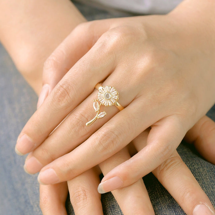 Wholesale diamond-encrusted sunflower and lucky clover rotating open rings