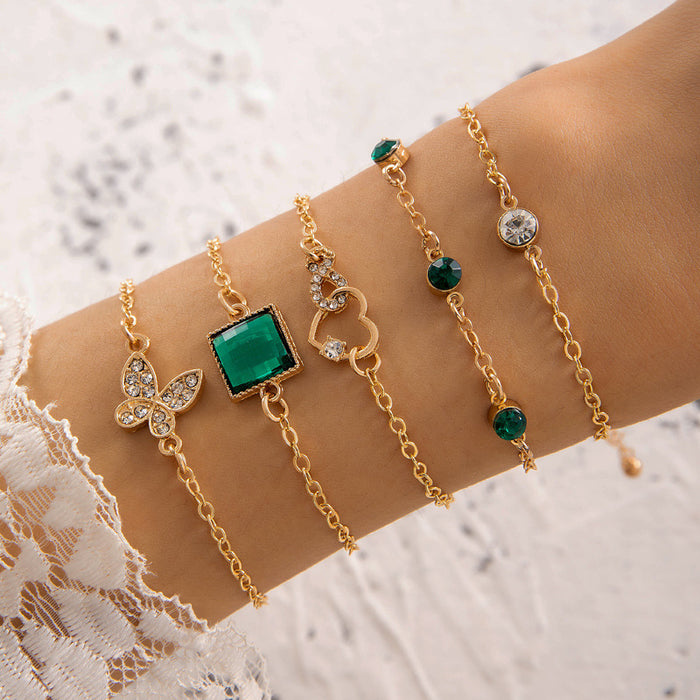 Korean-French Emerald Heart Rhinestone Bracelet Set - Versatile Elegant Jewelry for Women