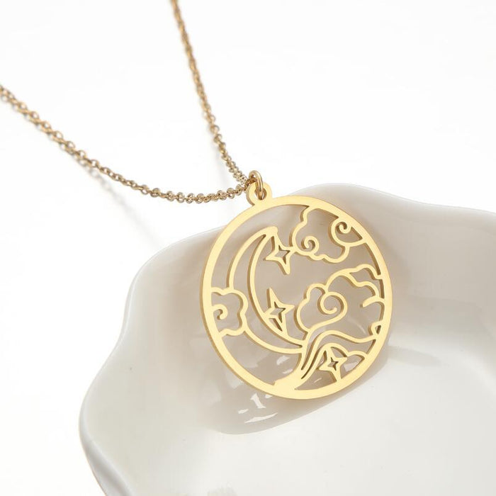 Moon Nebula Pendant Necklace, Korean New Geometric Round Design Clavicle Chain Retro Temperament