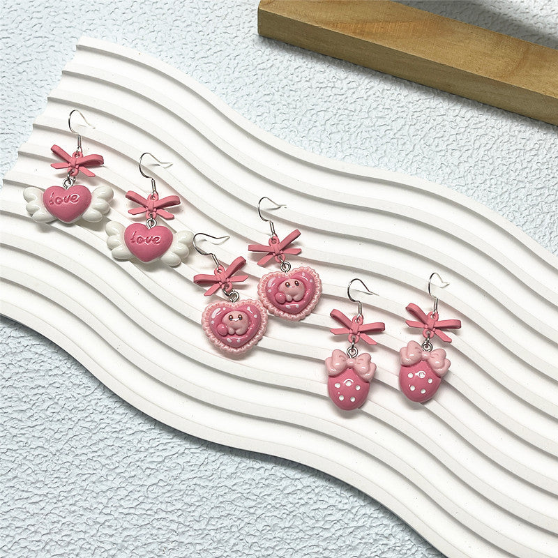 Pendientes de lazo de amor con pintura rosa dulce Pendientes de aguja de plata S925