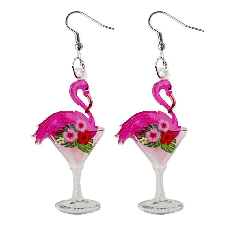 Flamingo Party Earrings with Pink Cocktail and Girl Design