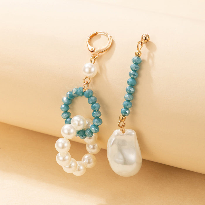 Contrast color acrylic beaded asymmetric pearl long earrings