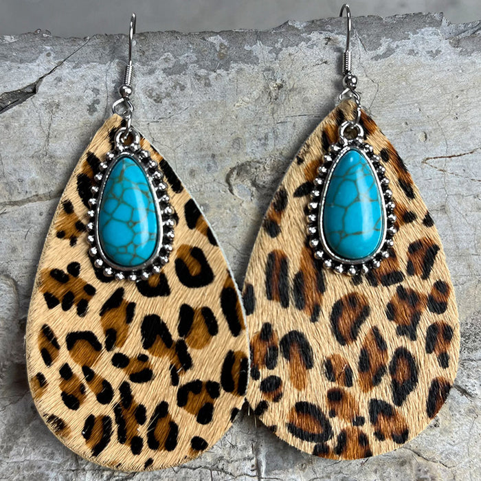 Western Animal Print Cowhide Teardrop Earrings with Turquoise and Metal Accents