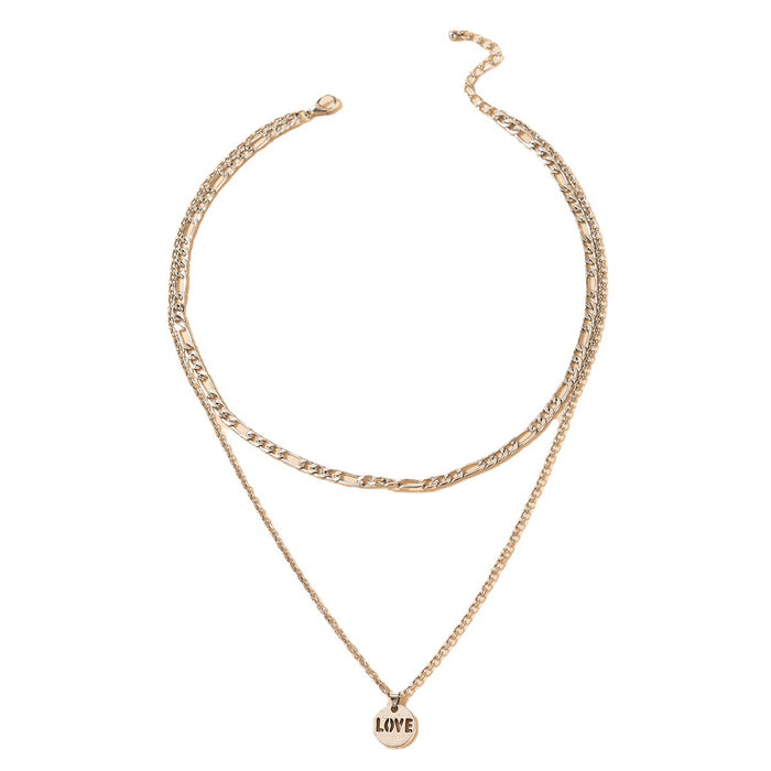 Letter Round Disc Double Layer Necklace with LOVE Metal Hollow Multi-Layer Clavicle Chain