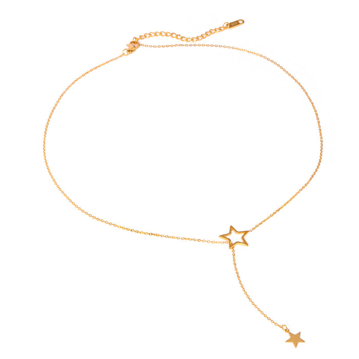 18K Gold-Plated Stainless Steel Y-Chain Necklace with Star Pendants - Simple Titanium Steel Jewelry for Women