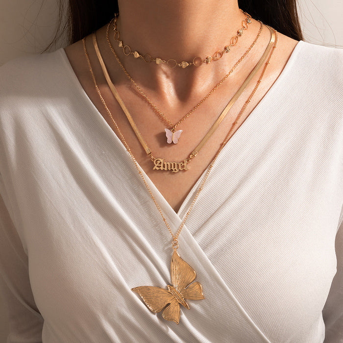 Geometric Round Ring Clavicle Chain with Pink Butterfly Pendant and Angel Letter Four-Layer Necklace