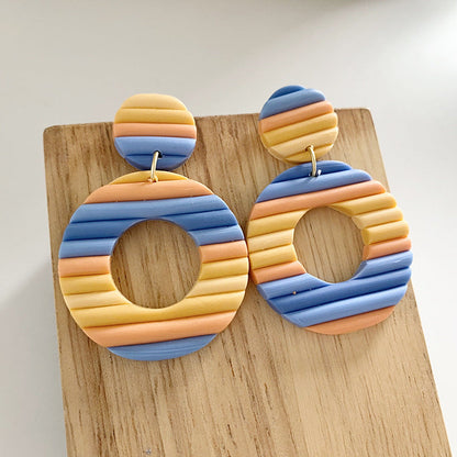 Handmade Rainbow Stripe Clay Earrings - Multicolor Geometric Hoop Design