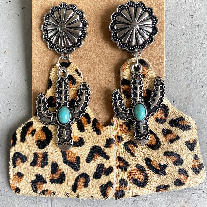 Bohemian Animal Print Leather Earrings with Pumpkin Flower and Turquoise Design