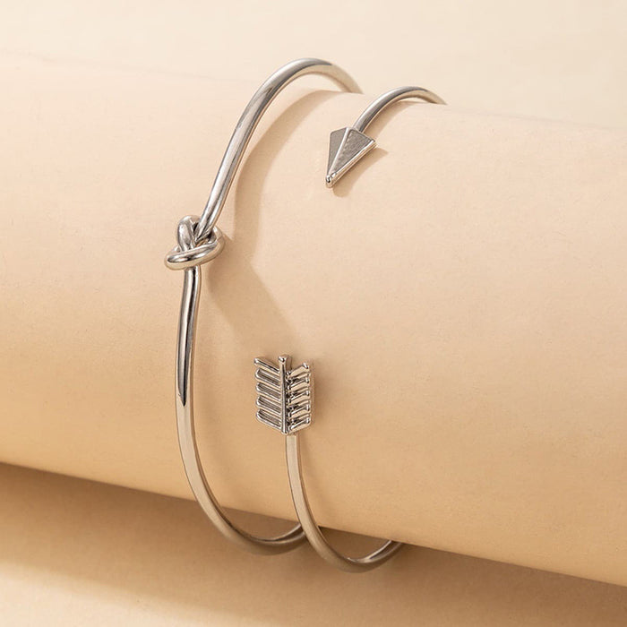 Knotted Arrow Bracelet Set - Two-Piece Silver Triangle Jewelry