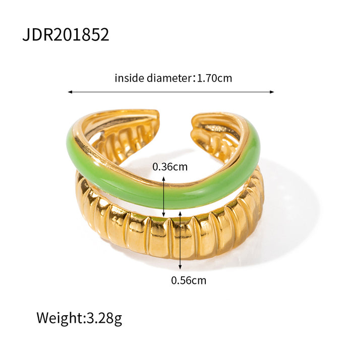 Fashionable 18K Gold Plated Stainless Steel Green Enamel Double Layer Ring