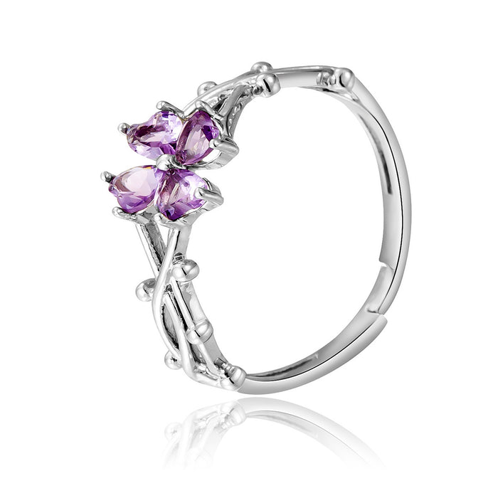 Wholesale purple-pink zircon four-leaf clover flower rings