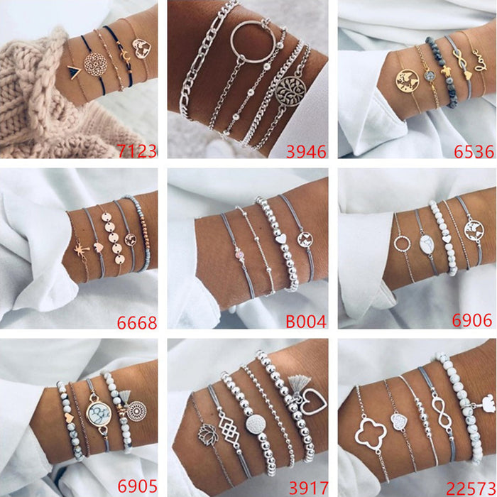 Bohemian Floral Bead Bracelet Set - Five-Piece Multilayer Jewelry for Women