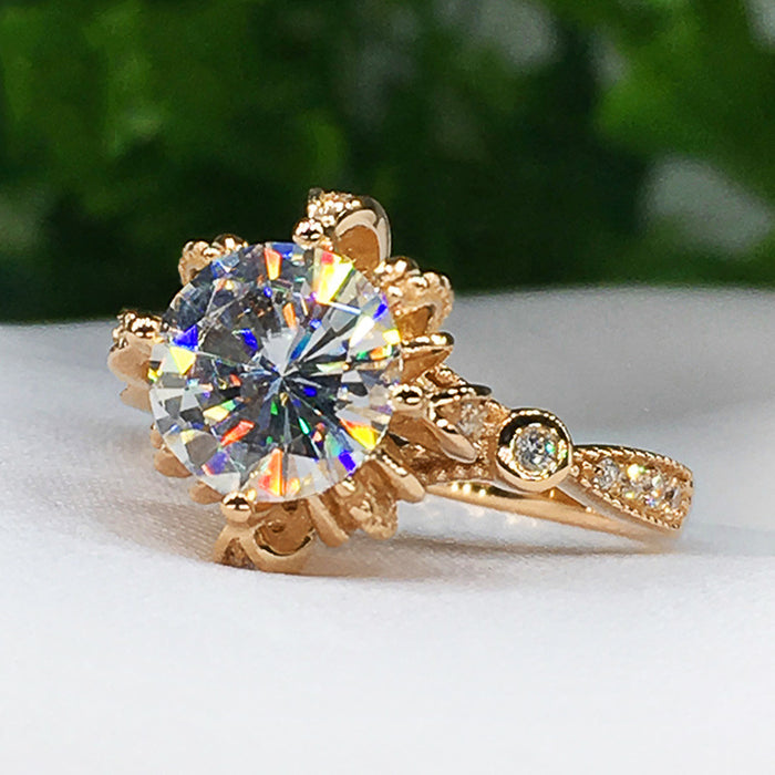 Women's flower ring, engagement ring with zircon