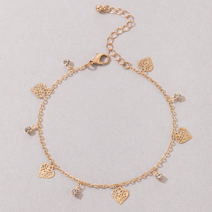 Flower and Heart Charm Anklet with Geometric Hollow Design