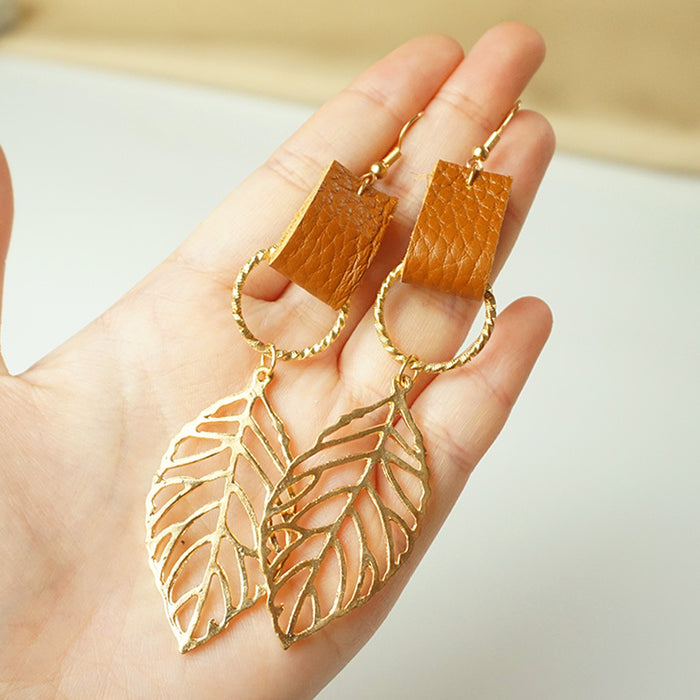 Cross-Border Trendy Earrings with Creative Leaf Design and Leather Elements