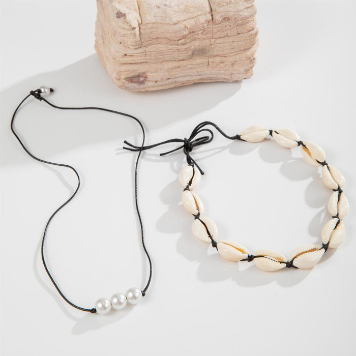 Boho Double-Strand Shell and Faux Pearl Necklace Set