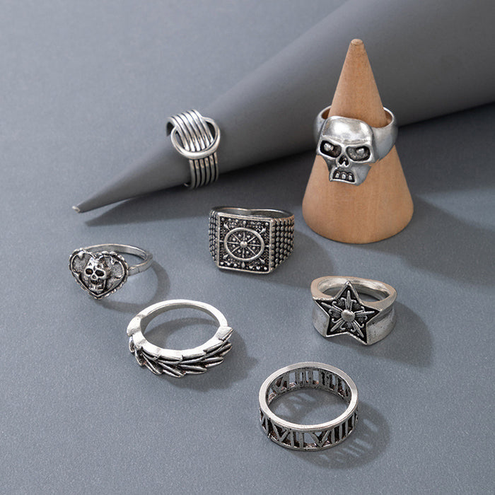 Punk style skull pentagram heart Halloween seven-piece ring