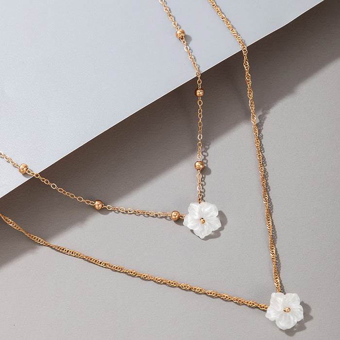 Minimalist White Flower Bead Necklace - Elegant Double-Layer Acrylic Choker