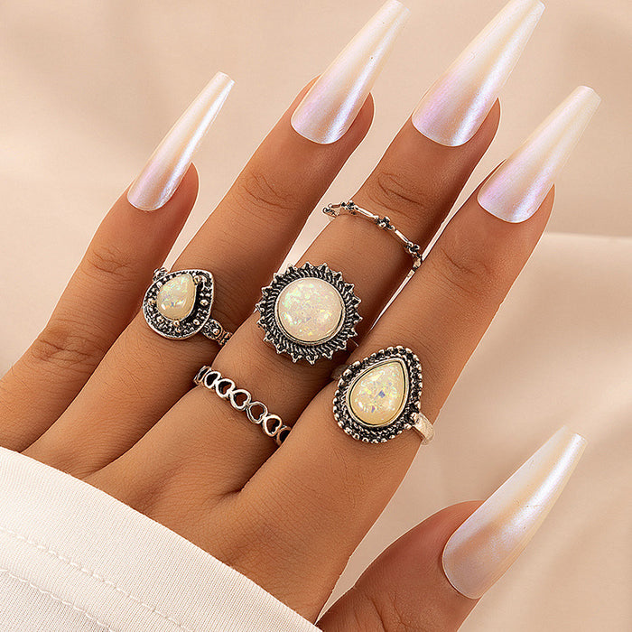 Retro geometric teardrop round imitation opal gemstone five-piece set