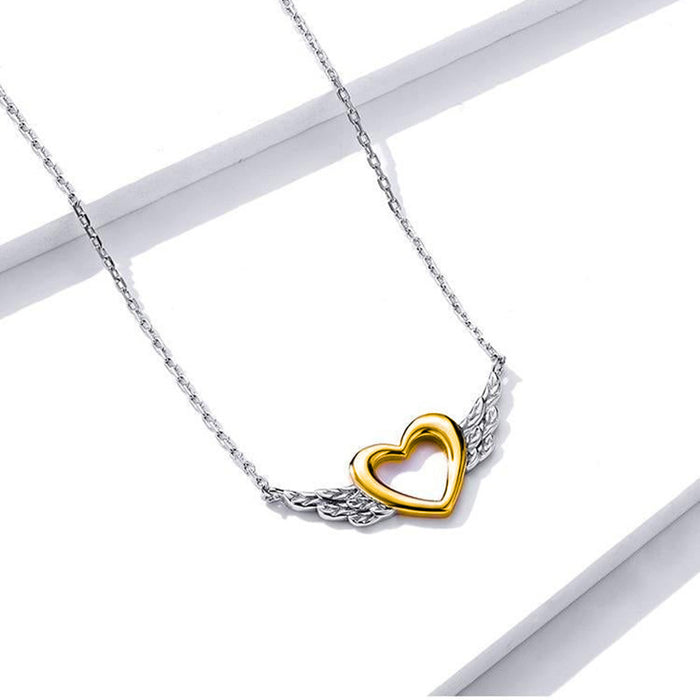 Love Heart Hollow Angel Wings Necklace Two-color Design Pendant