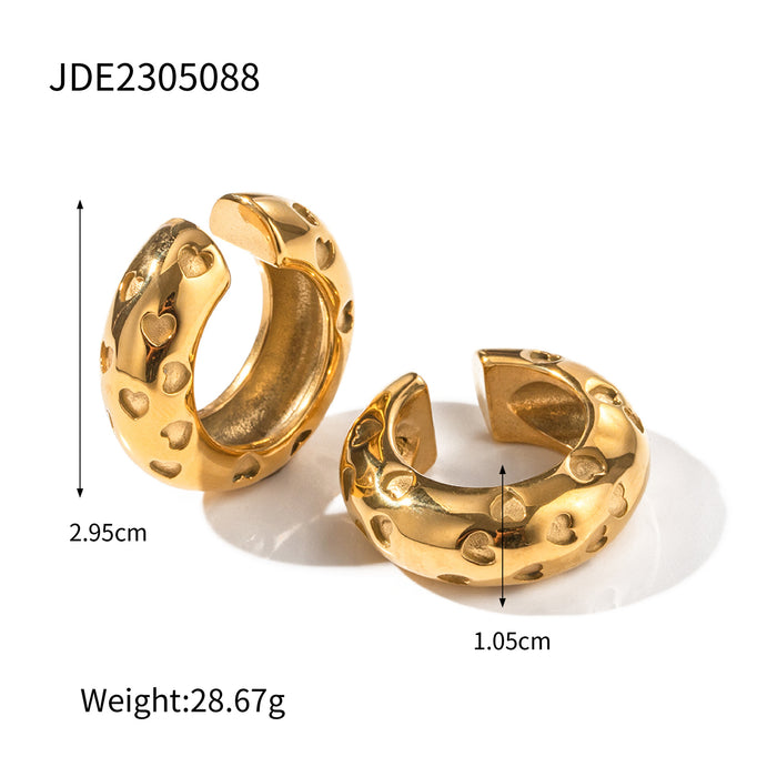 Trending 18K Gold-Plated Stainless Steel Hollow Heart Cylinder Hoop Clip-On Earrings - Non-Fading Jewelry for Wholesale