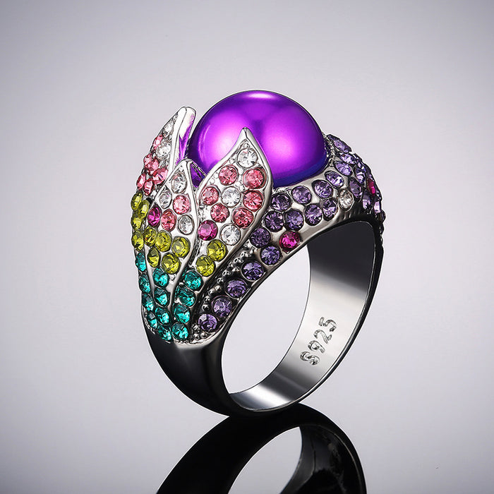 Retro exaggerated petal ring alloy colored diamond inlaid ring