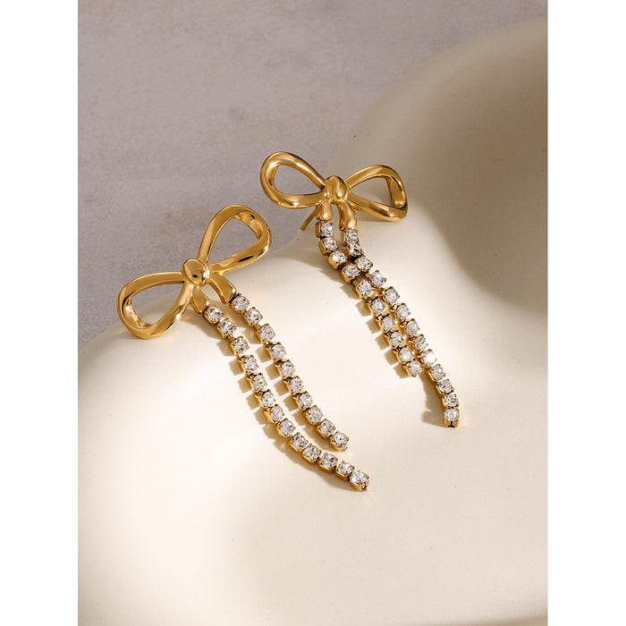 18K Gold Plated Stainless Steel Bow Earrings - Stylish Design with Double Zircon Chains