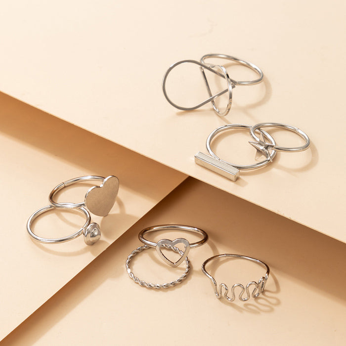 Thin Line Heart Pentagram 8-piece Geometric Ring