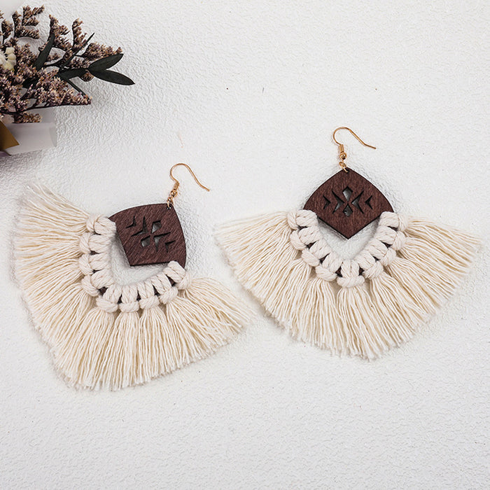 Macrame Handwoven Wooden Earrings with Natural Tassels in a Stylish Ethnic Design