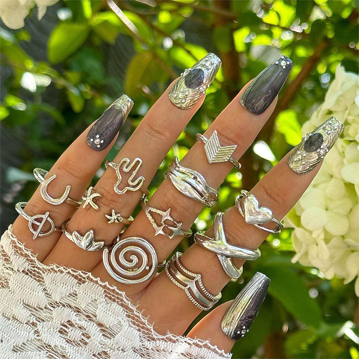 Conjunto de anillos de diamantes con diseño de mariposa y corazón de moda: anillos multiarticulados inspirados en el diseño de cactus, luna y ojo