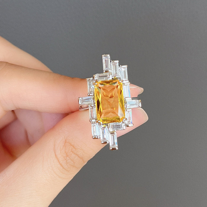 Irregular square diamond zircon ring super shiny Ruili magazine style