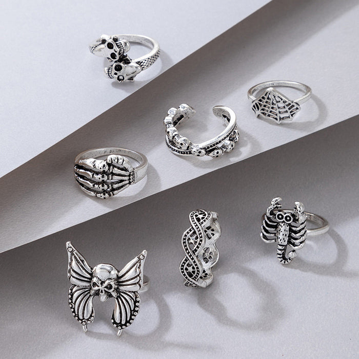 Vintage Layered Ring Set - 7-Piece Butterfly and Skull Rings