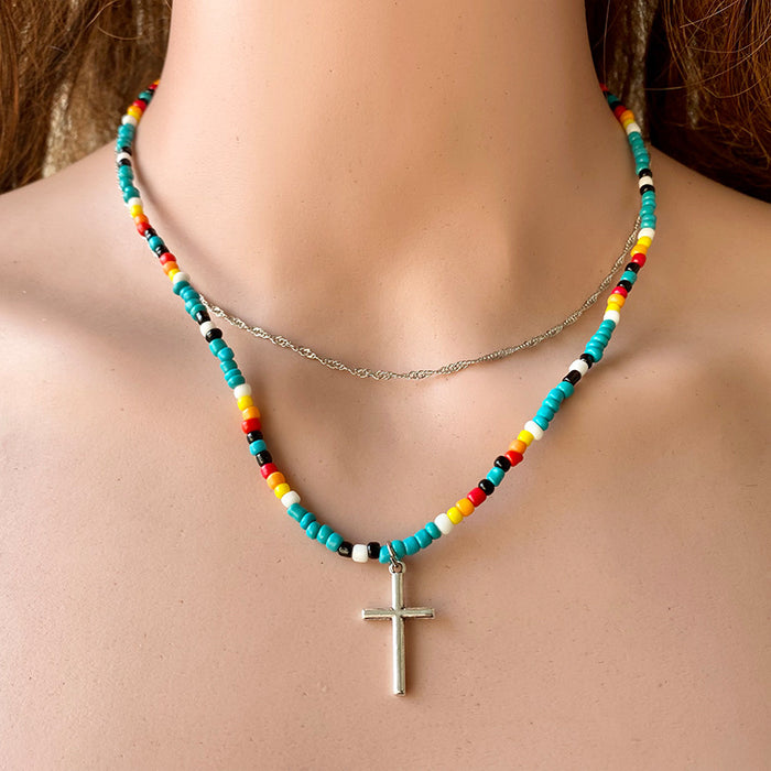 Western Cowboy Necklace with Sunflower, Cross, and Feather - Unique Ethnic Style