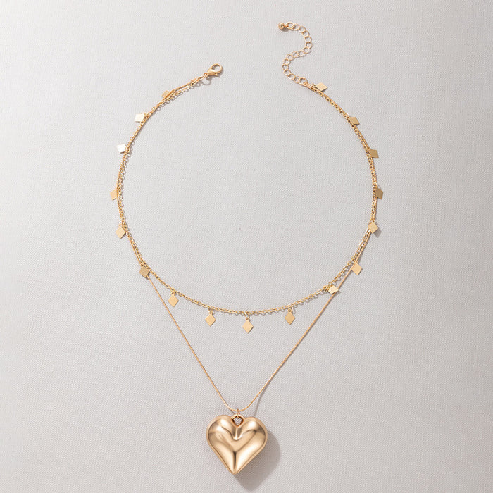 Alloy Heart Pendant Double-Layer Necklace - Geometric Rhombus Round Piece Multilayer Choker