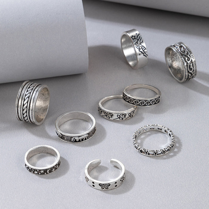 Vintage style flower plain ring nine-piece set