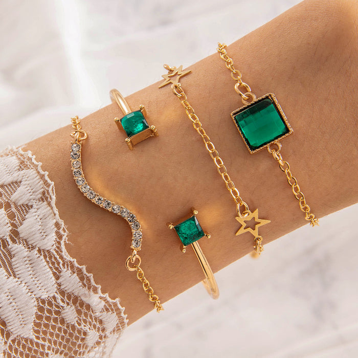 Emerald Gemstone Bracelet Set - Four-Piece Open Cuff Women’s Jewelry