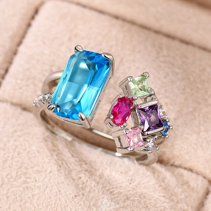 Geometric zircon ring for women, exaggerated design, colorful open ring