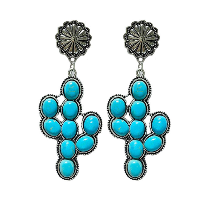 Ethnic Turquoise Cactus Earrings with Vintage Alloy Western Cowboy Design