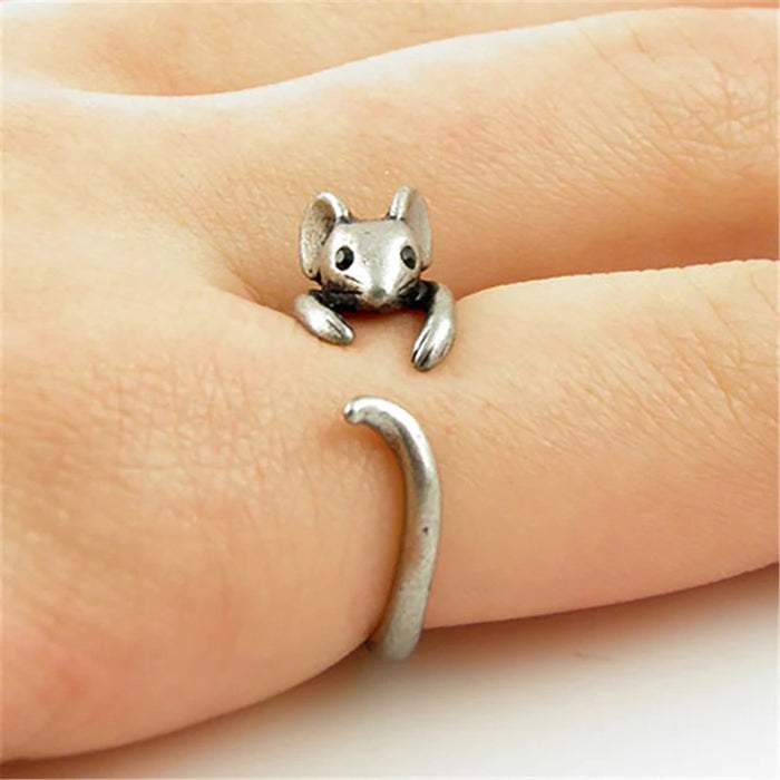 Anillo de ratón abierto con forma de círculo de animal retro para dedo índice