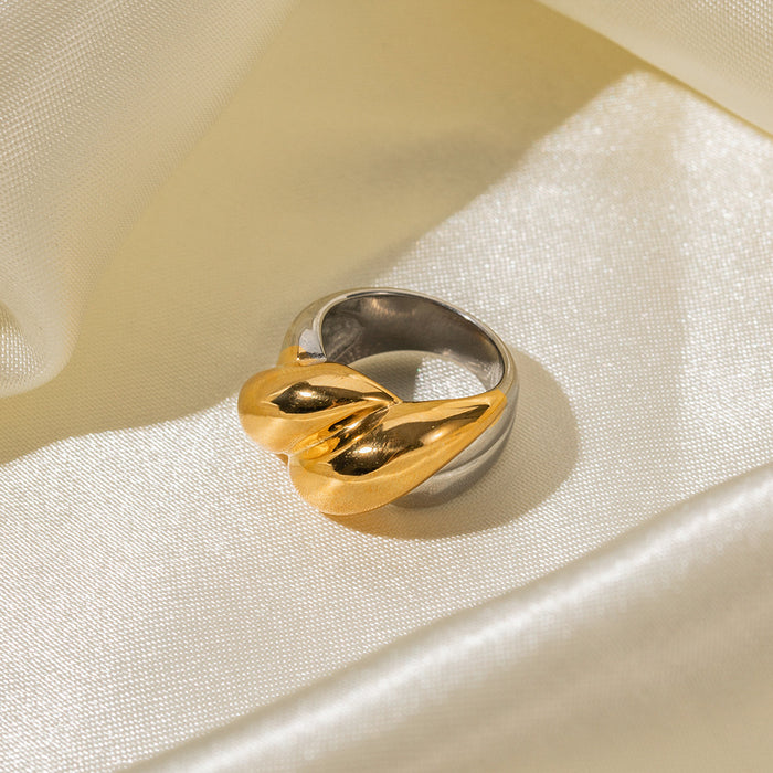 18K Gold Stainless Steel Wave Pattern Ring with Pearl Inlay