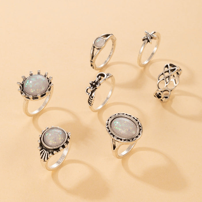 Vintage Flower Starfish Round Imitation Opal Seven-piece Ring