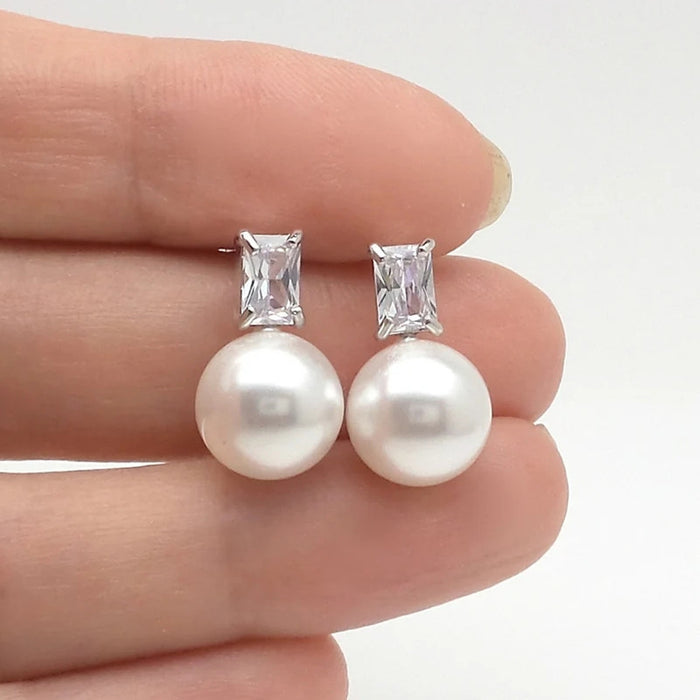 Pendientes de perlas de imitación de gran diámetro Pendientes de diamantes cuadrados de moda