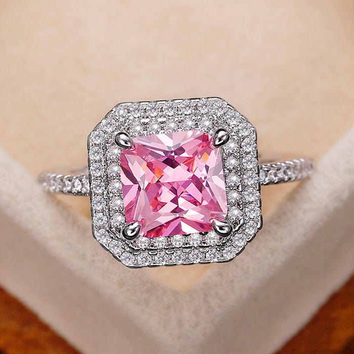 Anillo de racimo cuadrado de circonita rosa, joyería de lujo de alta gama para mujer