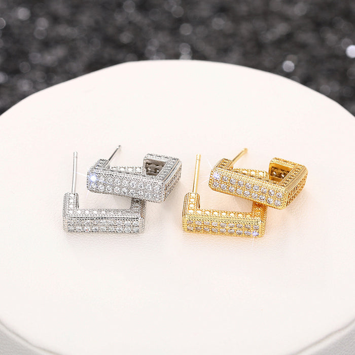 Heavy-duty geometric earrings, micro-inlaid diamond square earrings, luxury fashion earrings for women